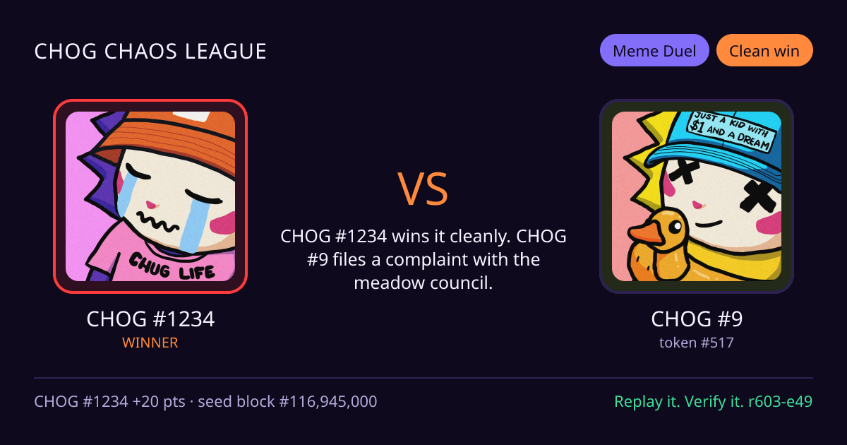 Highlight card: CHOG #1234 versus CHOG #9