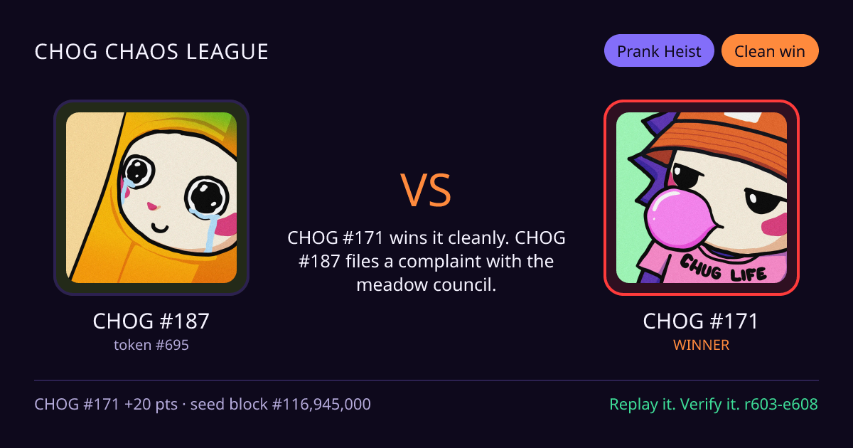 Highlight card: CHOG #187 versus CHOG #171