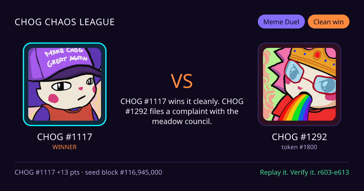 Highlight card: CHOG #1117 versus CHOG #1292