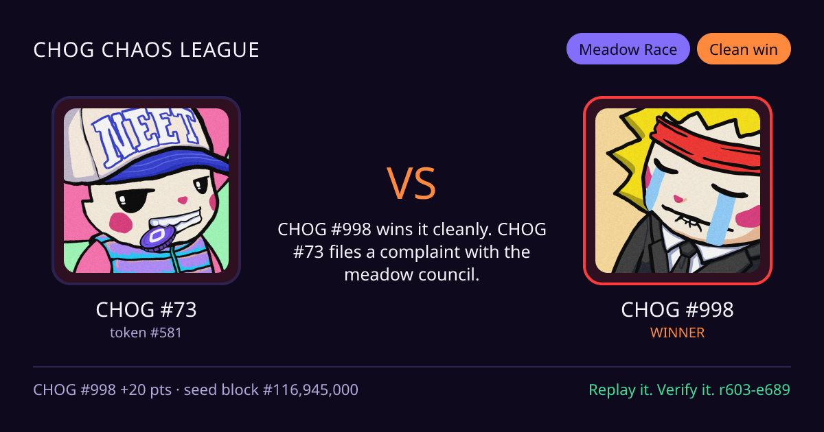 Highlight card: CHOG #73 versus CHOG #998