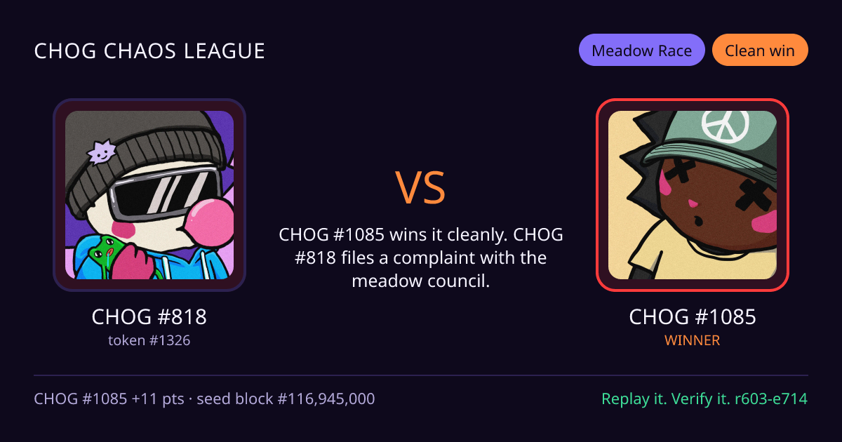 Highlight card: CHOG #818 versus CHOG #1085