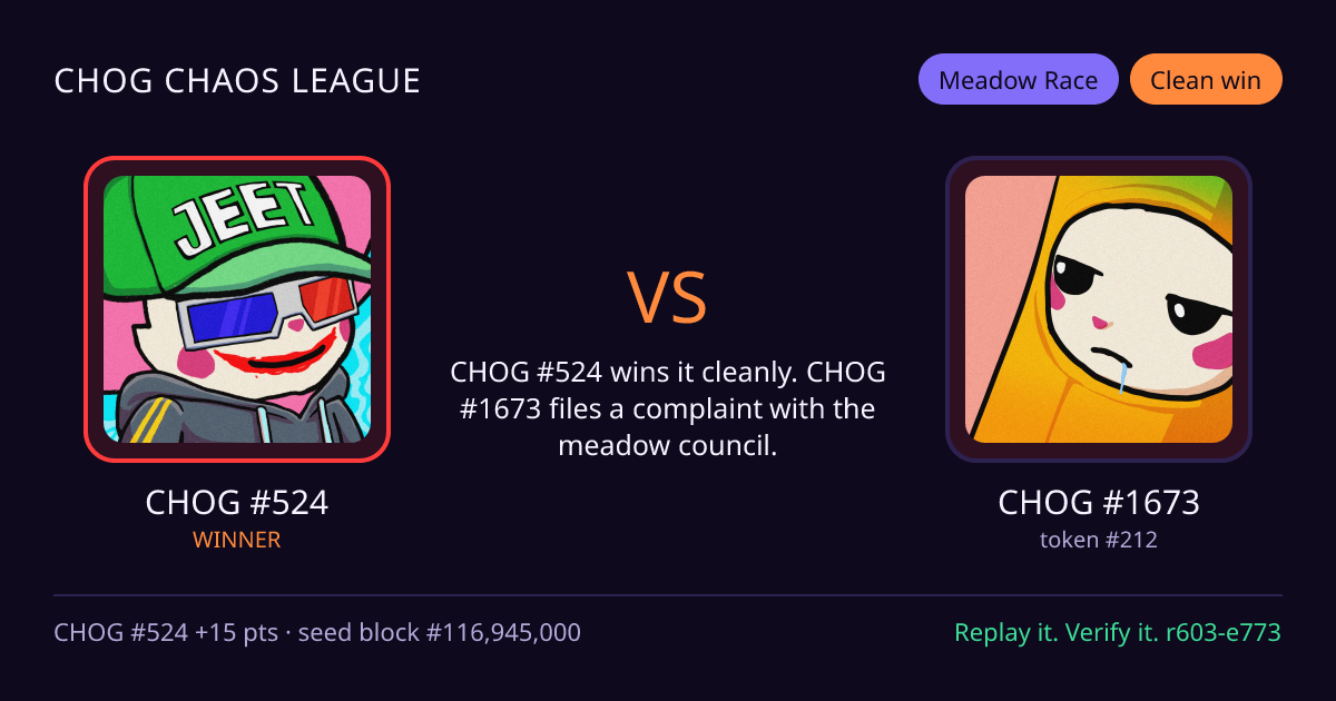 Highlight card: CHOG #524 versus CHOG #1673