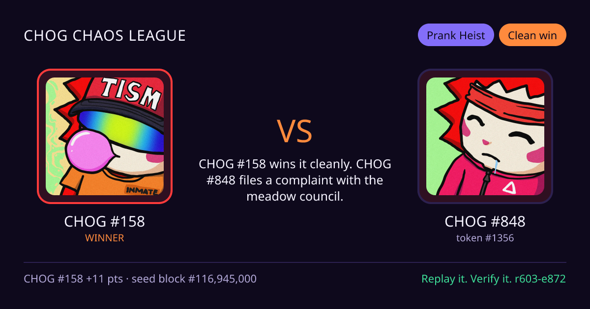 Highlight card: CHOG #158 versus CHOG #848