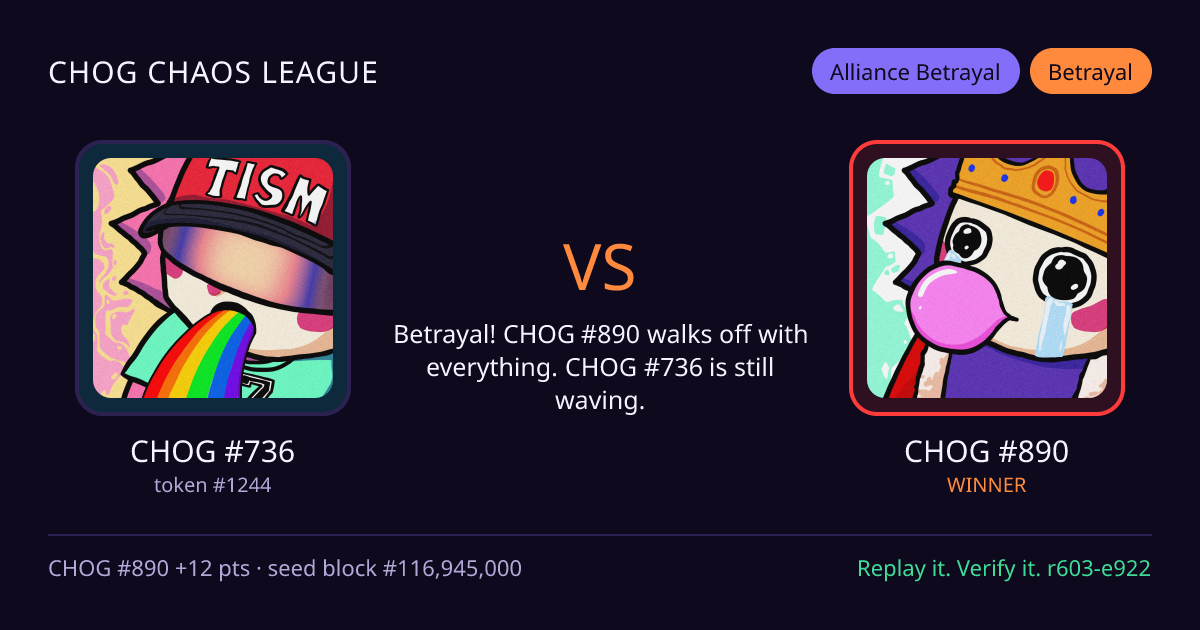 Highlight card: CHOG #736 versus CHOG #890