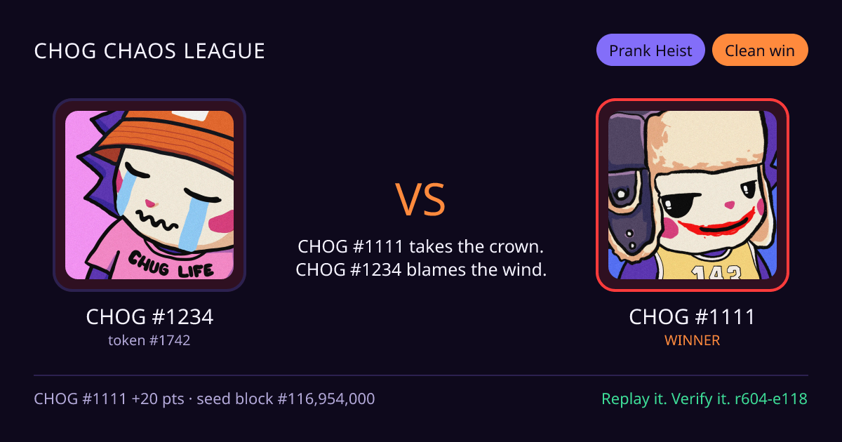 Highlight card: CHOG #1234 versus CHOG #1111