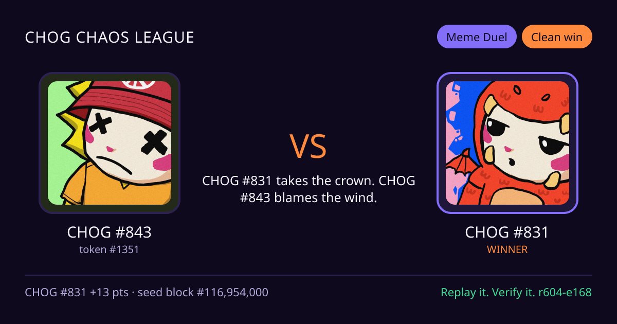 Highlight card: CHOG #843 versus CHOG #831