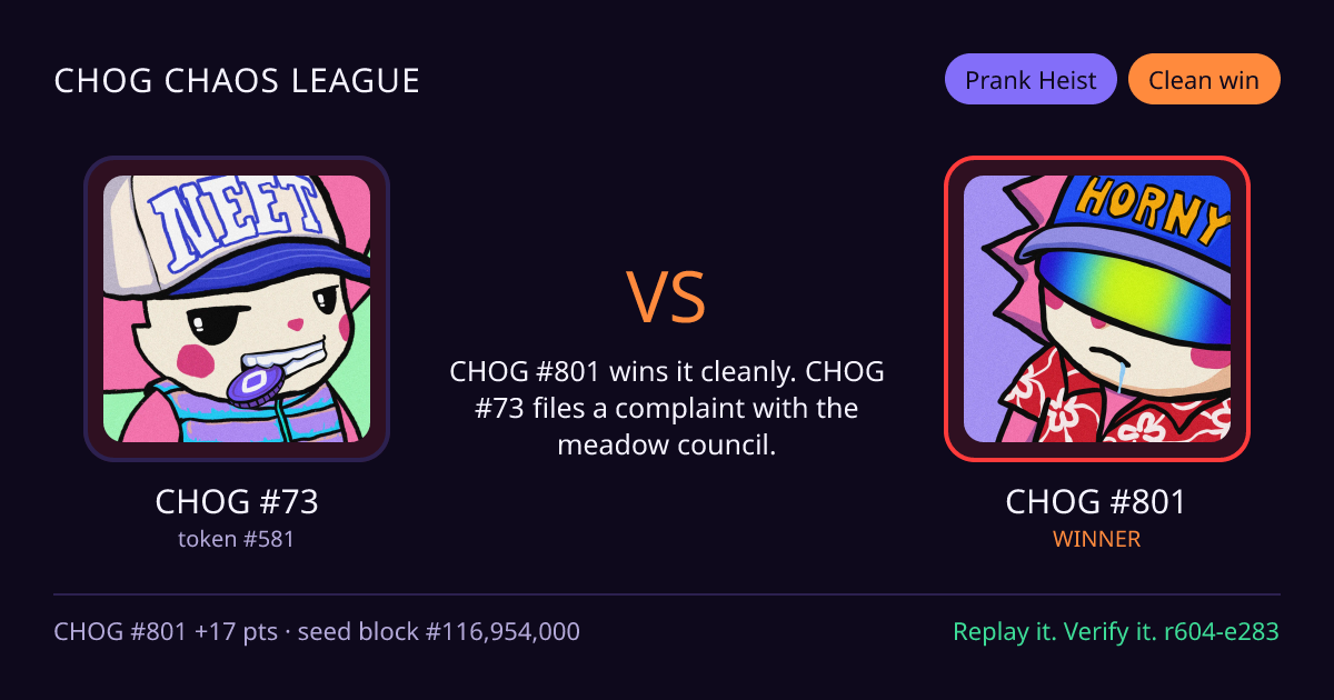 Highlight card: CHOG #73 versus CHOG #801