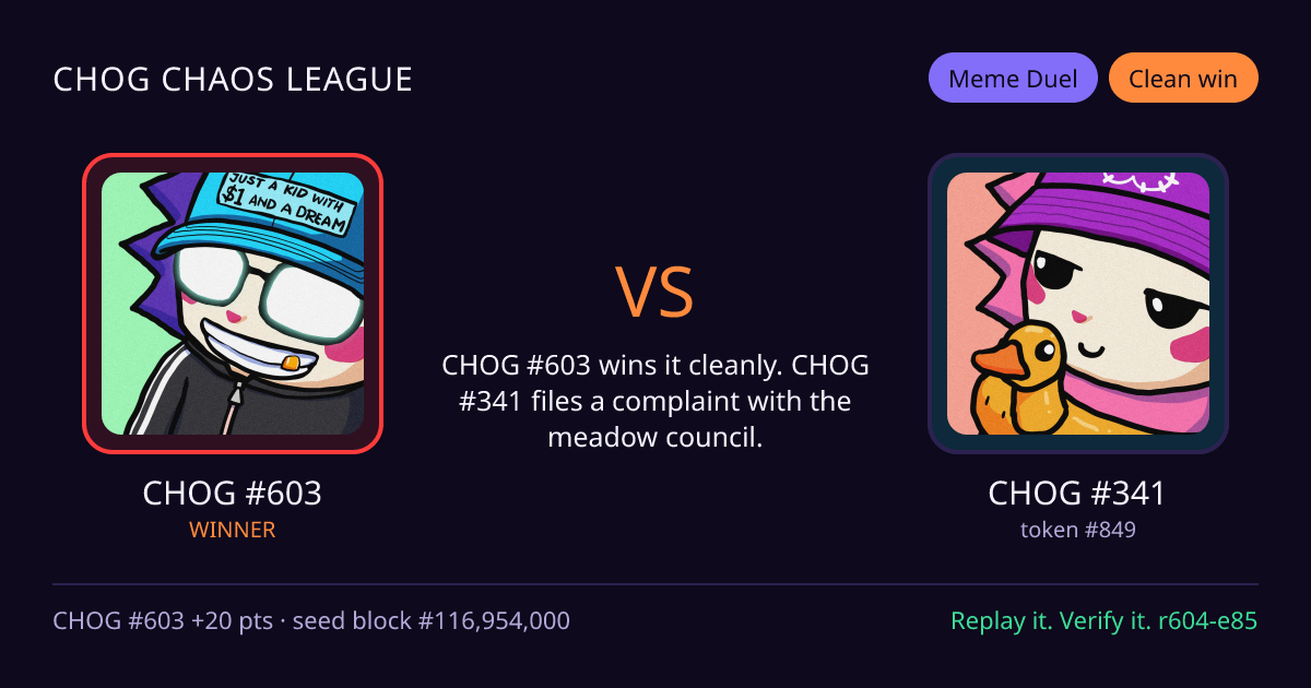 Highlight card: CHOG #603 versus CHOG #341
