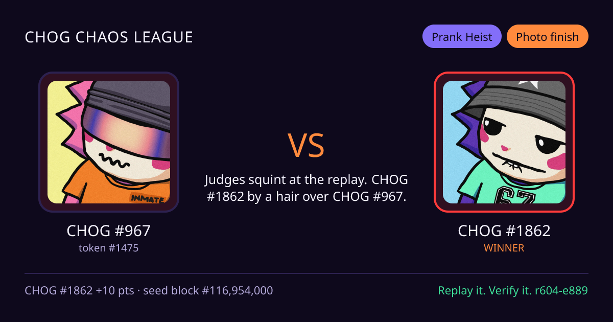 Highlight card: CHOG #967 versus CHOG #1862