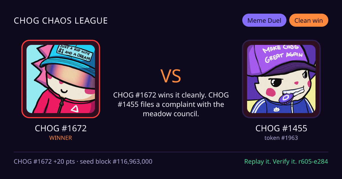 Highlight card: CHOG #1672 versus CHOG #1455