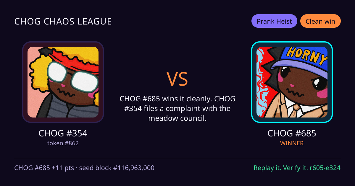 Highlight card: CHOG #354 versus CHOG #685