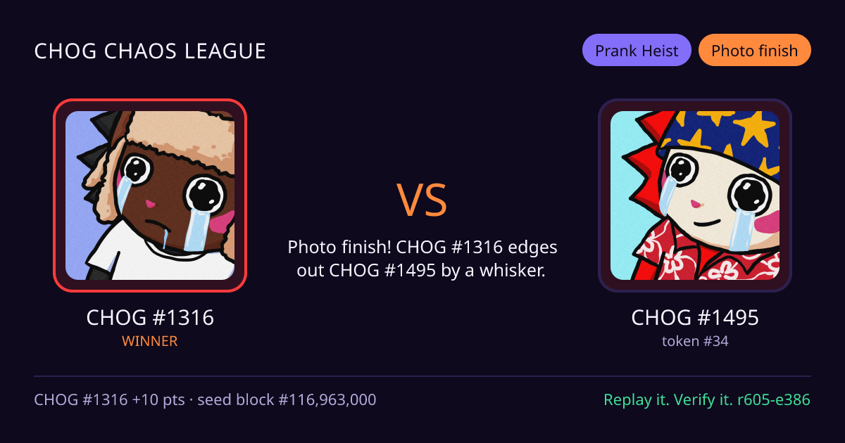 Highlight card: CHOG #1316 versus CHOG #1495