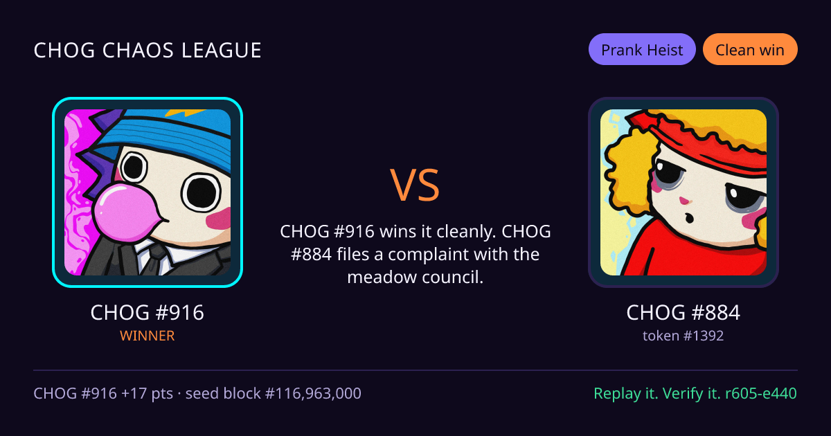 Highlight card: CHOG #916 versus CHOG #884