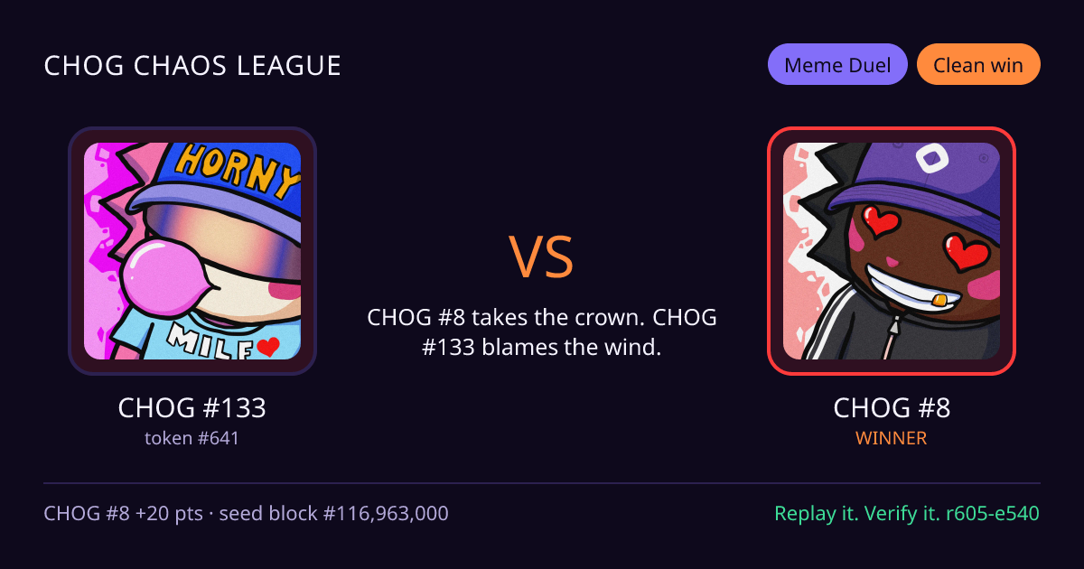 Highlight card: CHOG #133 versus CHOG #8