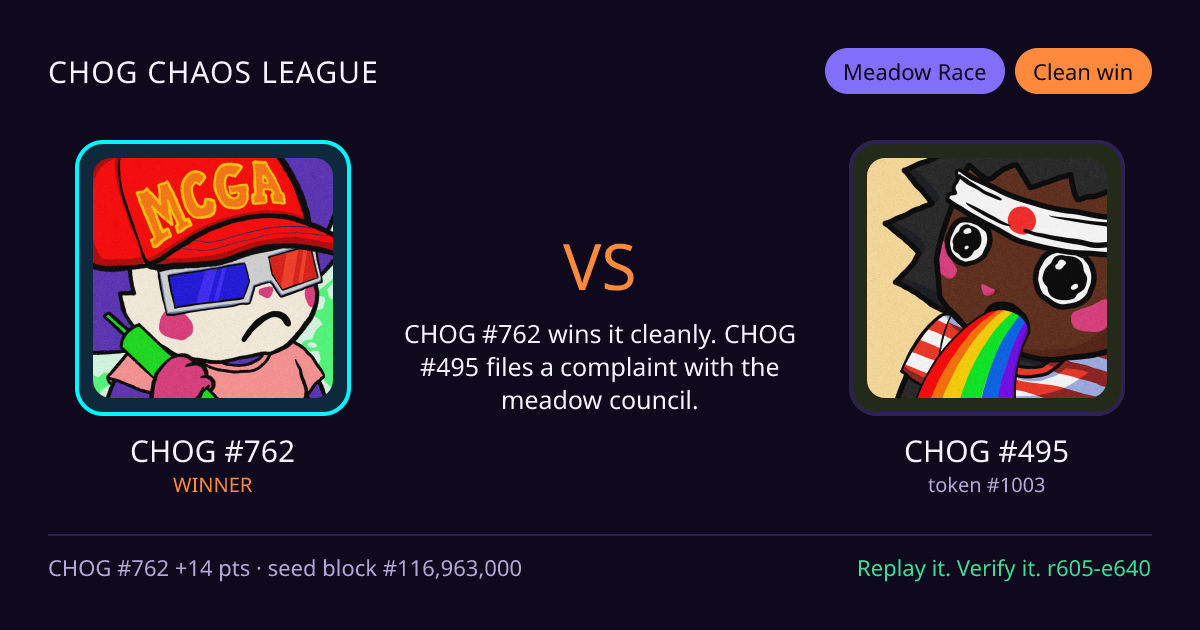 Highlight card: CHOG #762 versus CHOG #495
