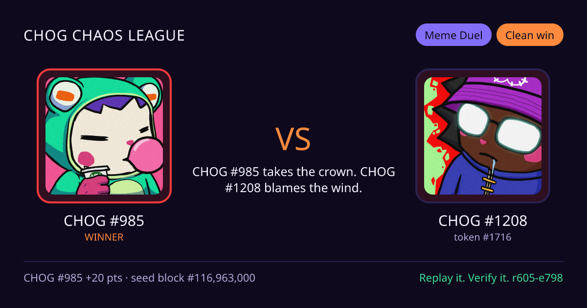 Highlight card: CHOG #985 versus CHOG #1208