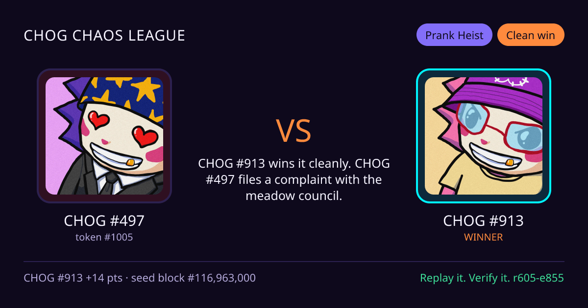Highlight card: CHOG #497 versus CHOG #913