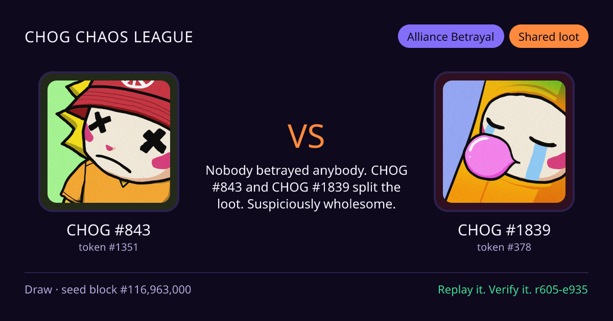 Highlight card: CHOG #843 versus CHOG #1839