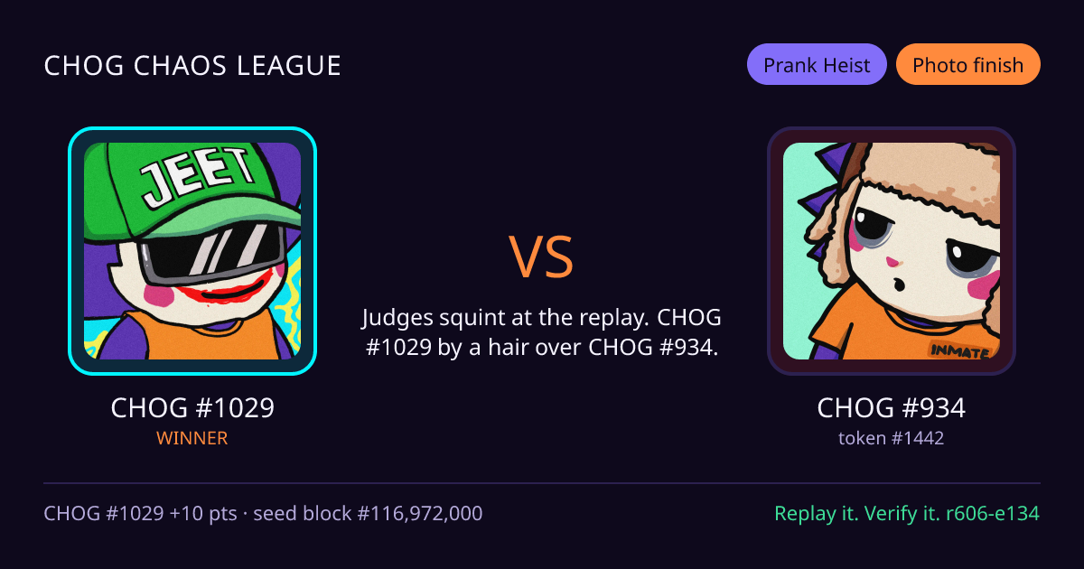 Highlight card: CHOG #1029 versus CHOG #934