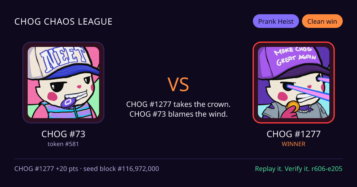 Highlight card: CHOG #73 versus CHOG #1277