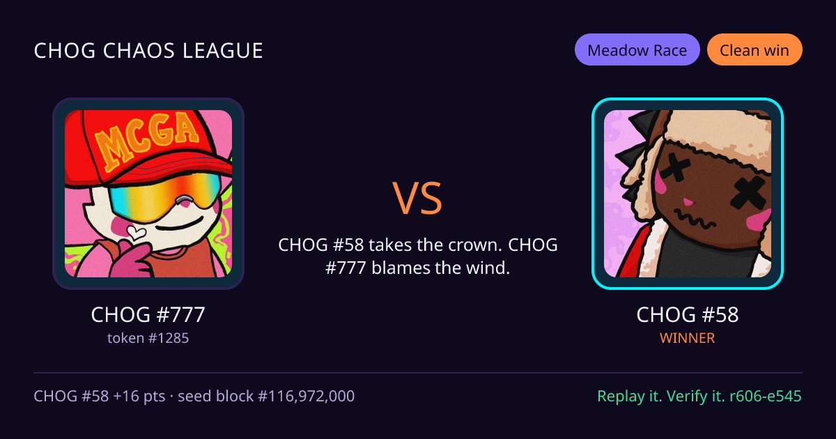 Highlight card: CHOG #777 versus CHOG #58