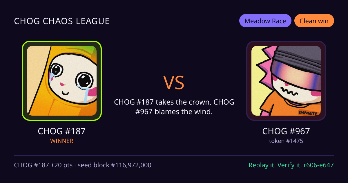 Highlight card: CHOG #187 versus CHOG #967