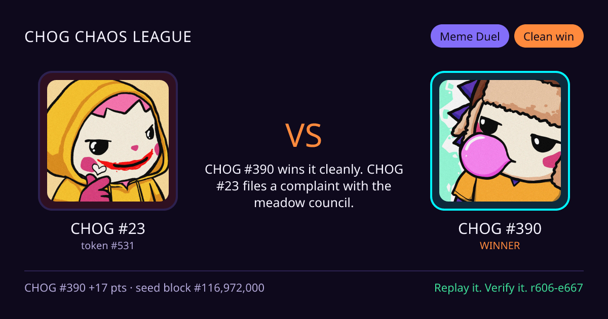 Highlight card: CHOG #23 versus CHOG #390