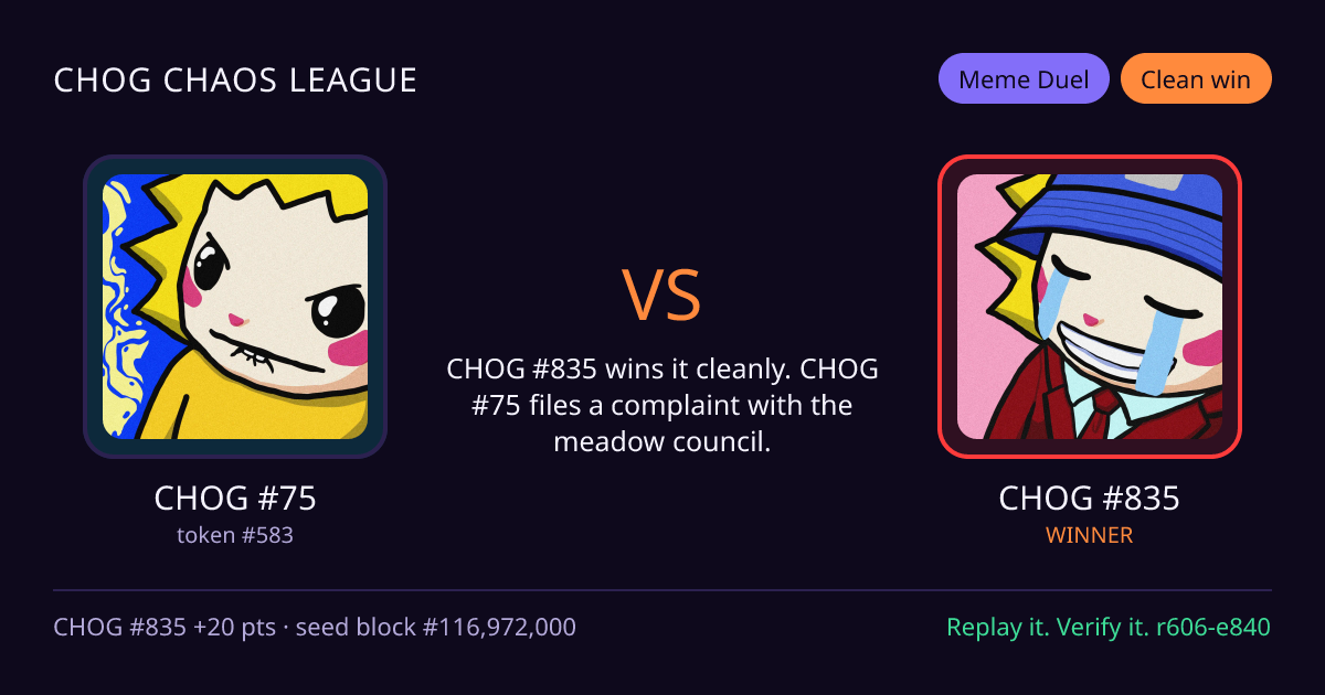 Highlight card: CHOG #75 versus CHOG #835