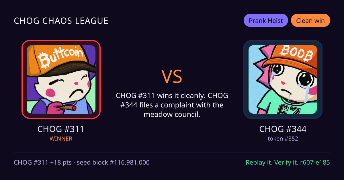 Highlight card: CHOG #311 versus CHOG #344