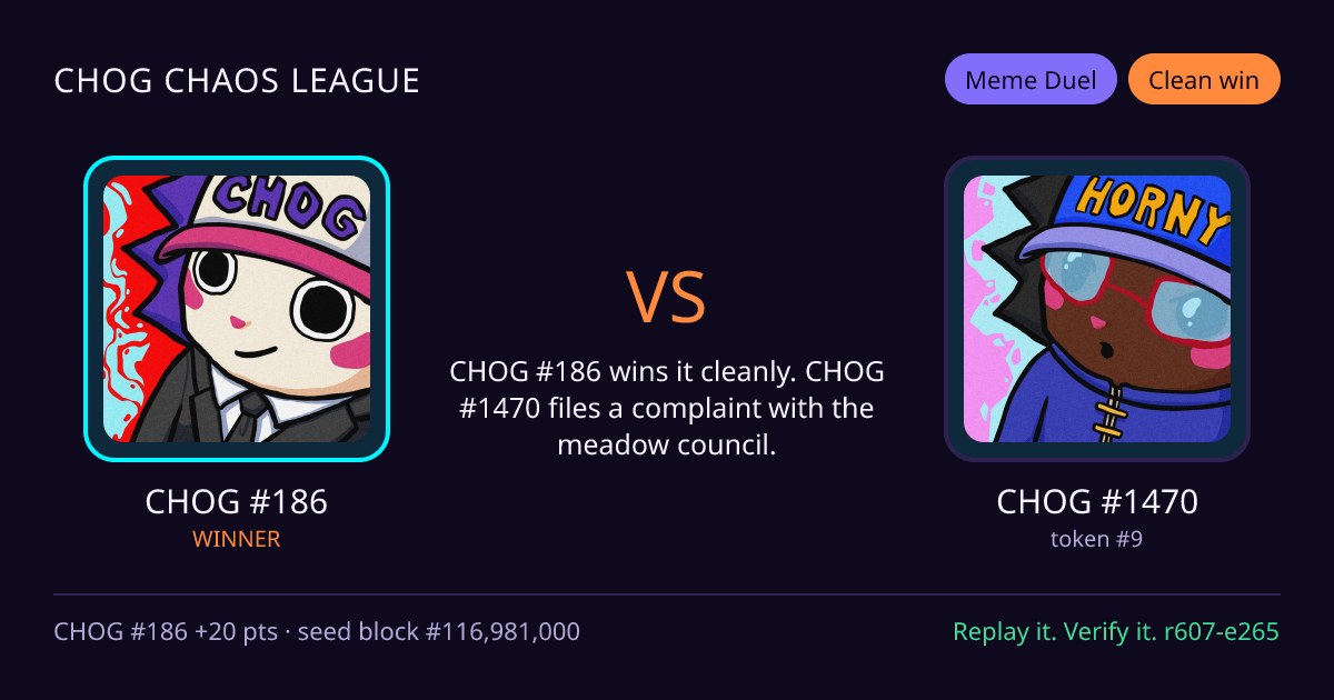 Highlight card: CHOG #186 versus CHOG #1470