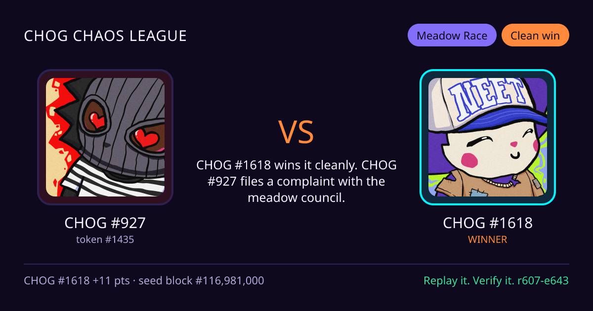 Highlight card: CHOG #927 versus CHOG #1618