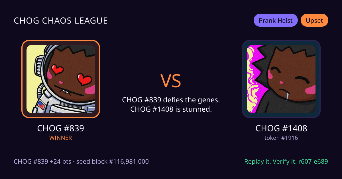 Highlight card: CHOG #839 versus CHOG #1408