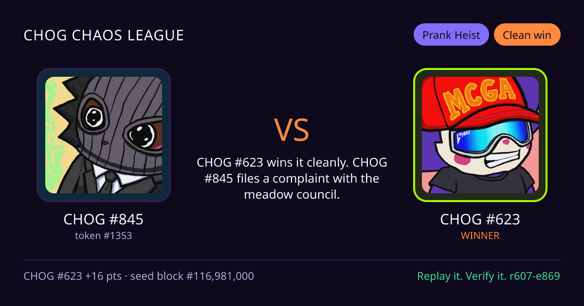 Highlight card: CHOG #845 versus CHOG #623