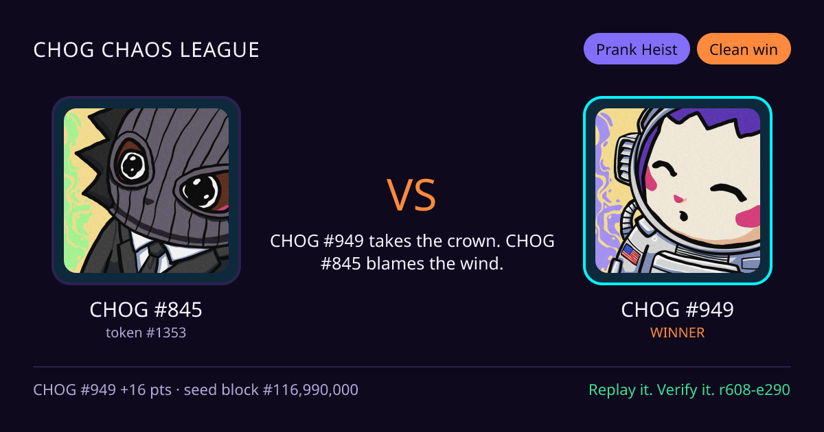 Highlight card: CHOG #845 versus CHOG #949
