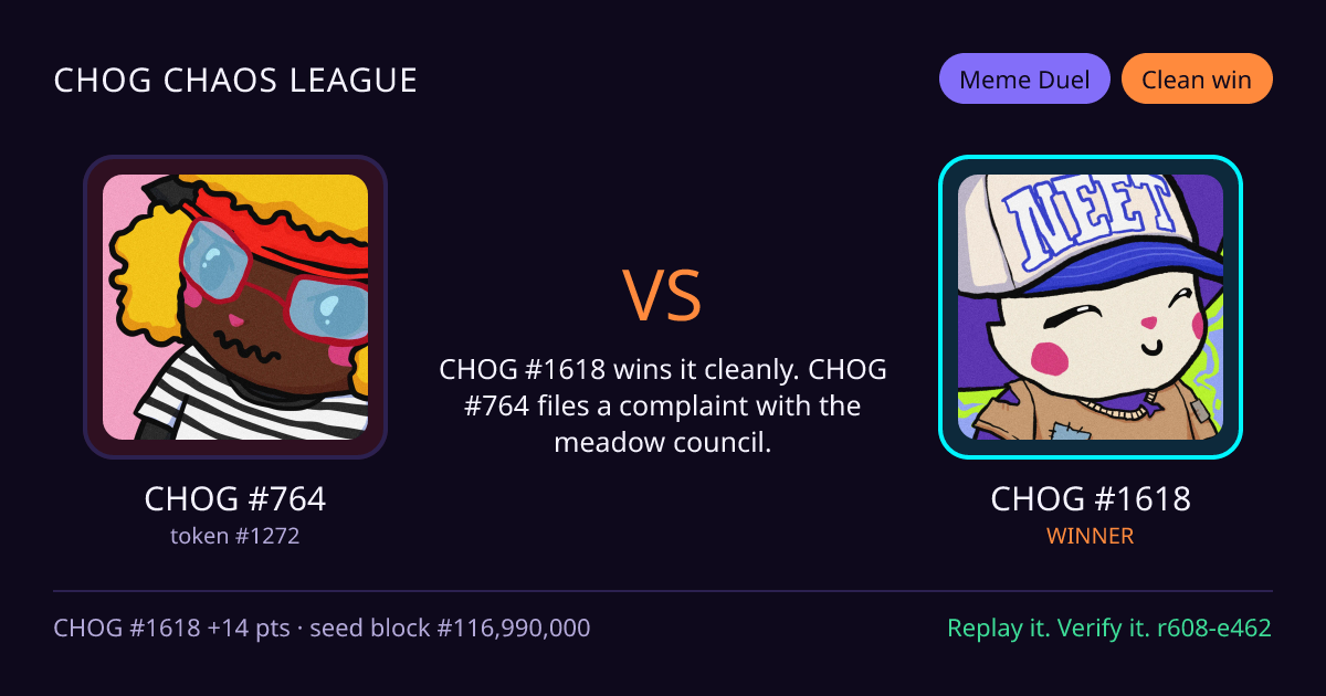 Highlight card: CHOG #764 versus CHOG #1618