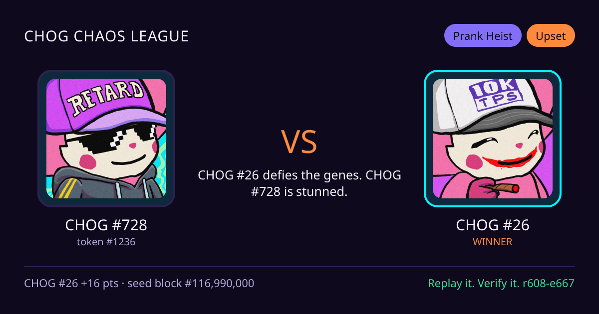 Highlight card: CHOG #728 versus CHOG #26