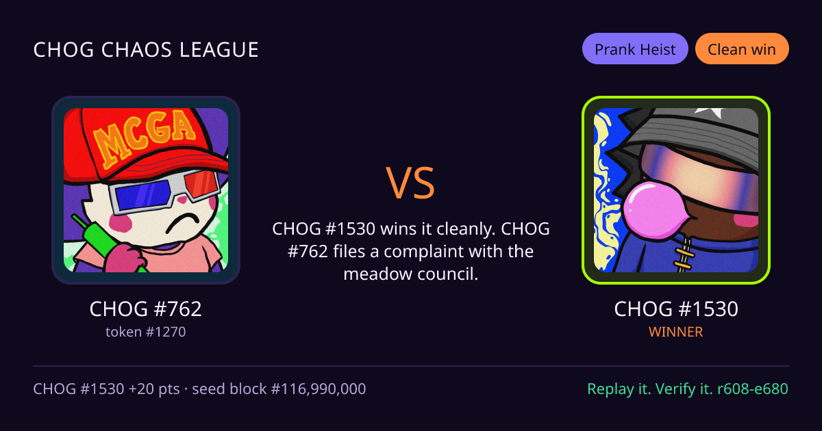 Highlight card: CHOG #762 versus CHOG #1530