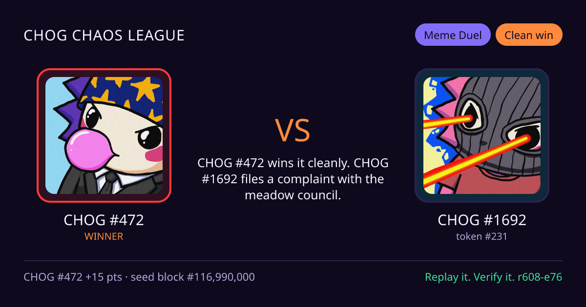 Highlight card: CHOG #472 versus CHOG #1692