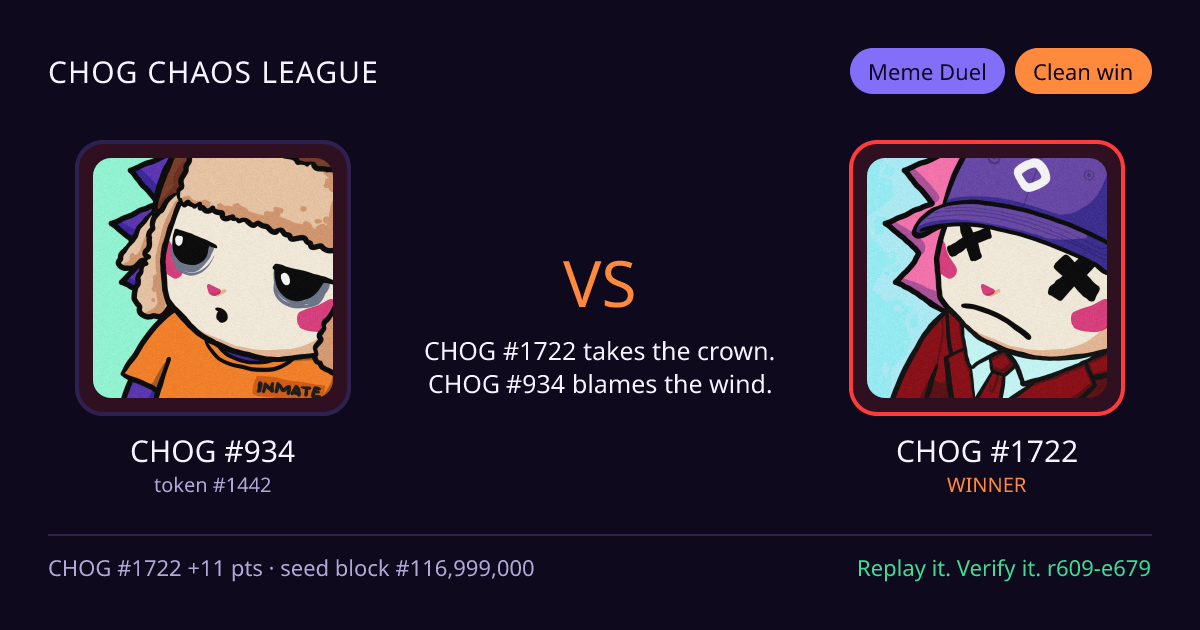 Highlight card: CHOG #934 versus CHOG #1722