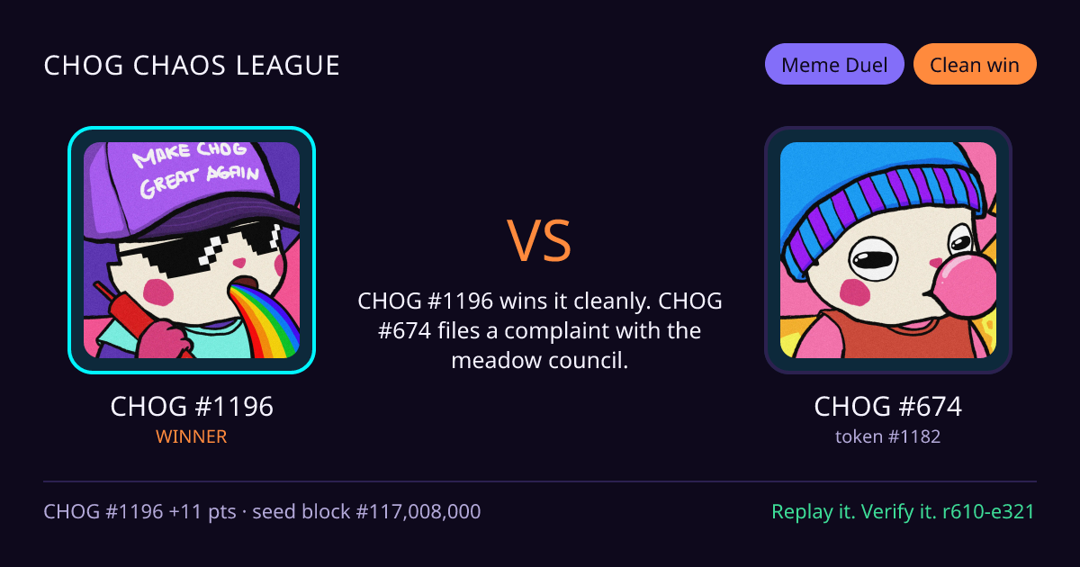 Highlight card: CHOG #1196 versus CHOG #674