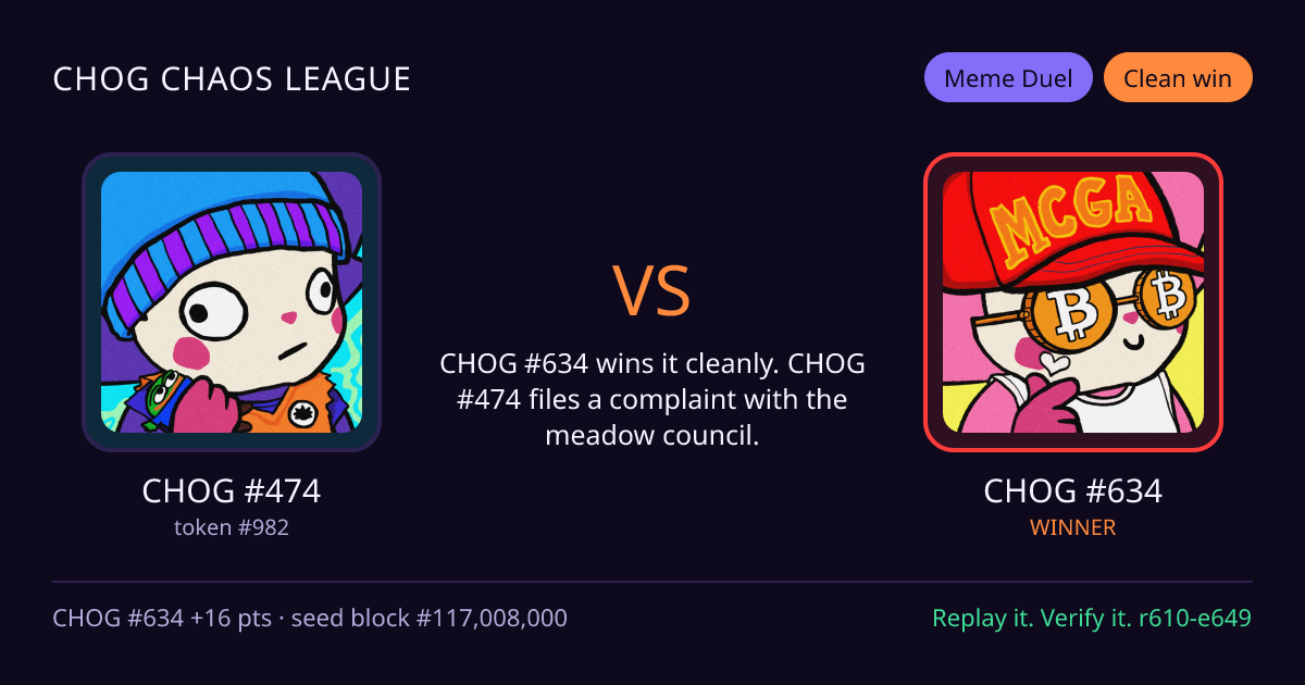 Highlight card: CHOG #474 versus CHOG #634