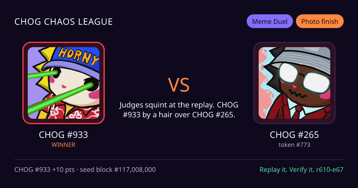 Highlight card: CHOG #933 versus CHOG #265