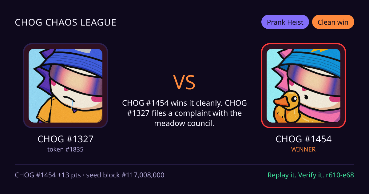 Highlight card: CHOG #1327 versus CHOG #1454