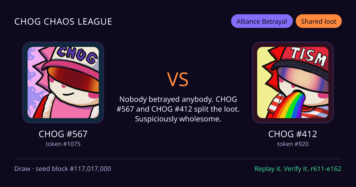 Highlight card: CHOG #567 versus CHOG #412