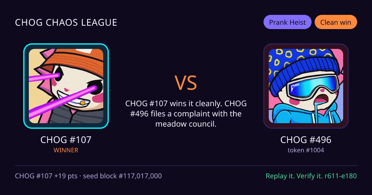 Highlight card: CHOG #107 versus CHOG #496