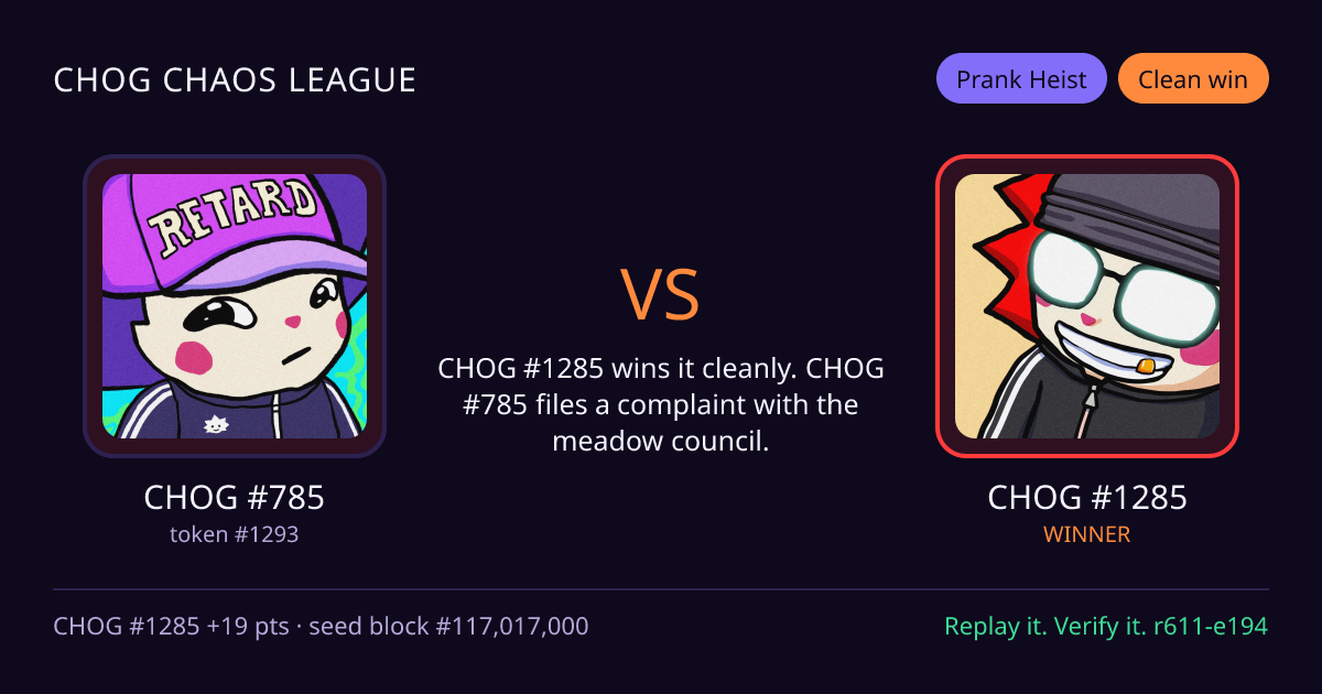 Highlight card: CHOG #785 versus CHOG #1285