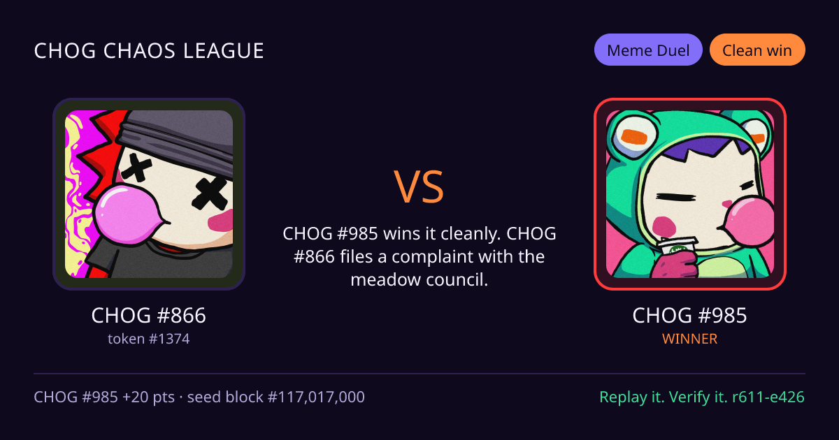 Highlight card: CHOG #866 versus CHOG #985