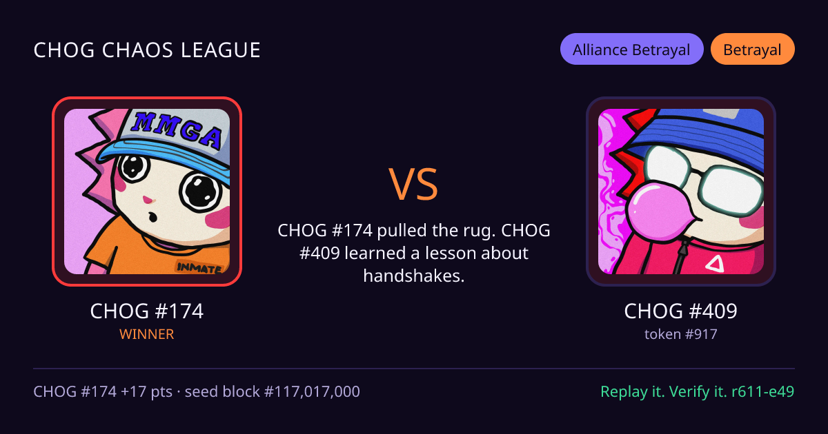 Highlight card: CHOG #174 versus CHOG #409