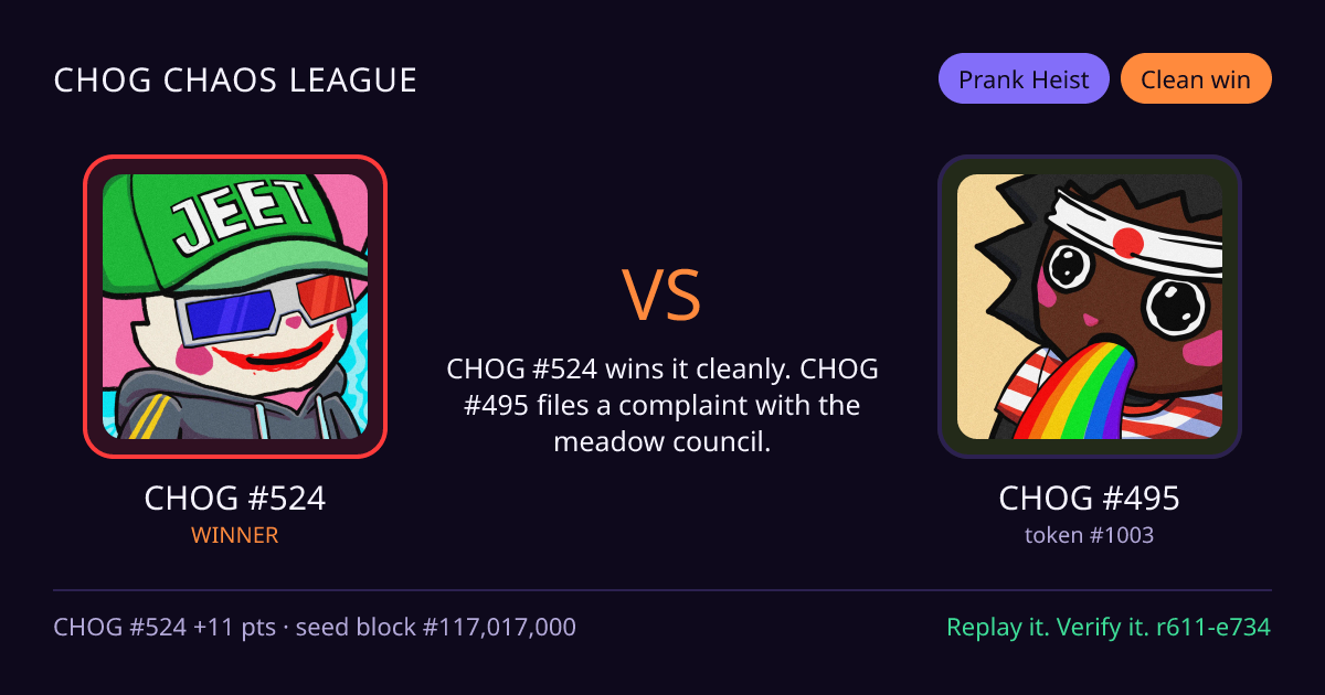 Highlight card: CHOG #524 versus CHOG #495