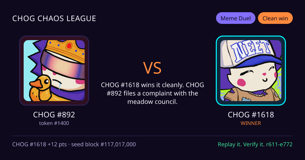 Highlight card: CHOG #892 versus CHOG #1618